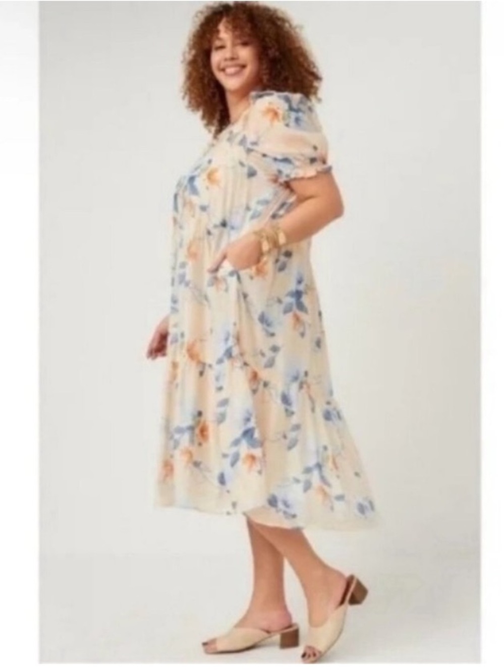 Hayden Floral Tiered Midi Dress in Cream with Blue & Peach size 2X